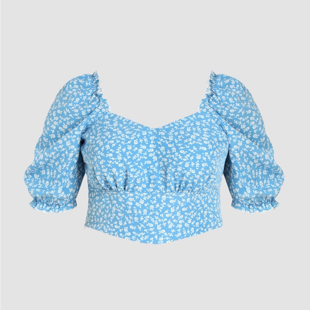 Cropped Ditsy Floral BLUE Ruffle Blouse - CIDER - Plus and Curve